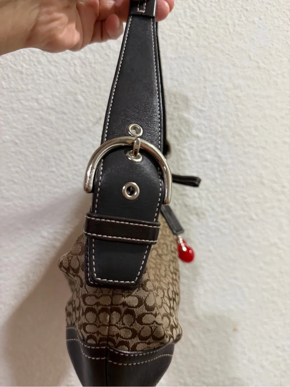 Coach Monogram Shoulder Bag in Tan with Red Cherry Charm